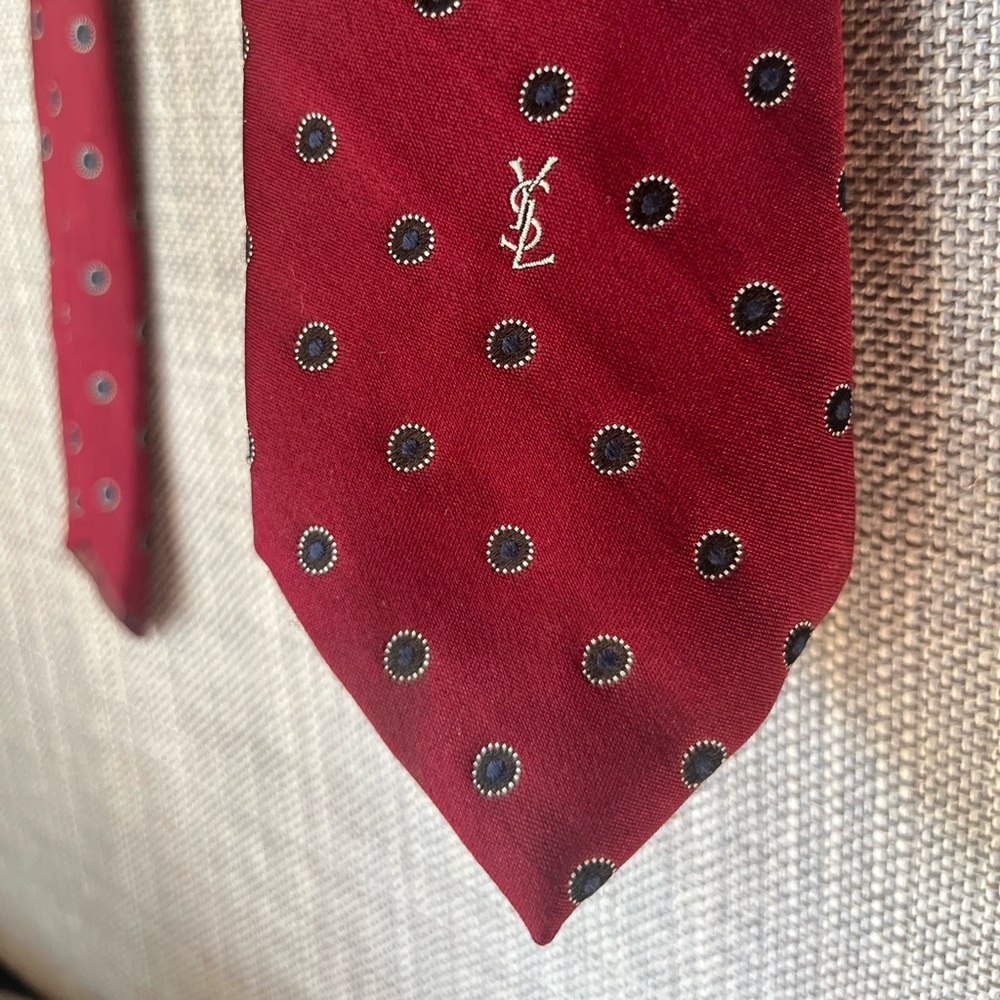 Yves Saint Laurent YSL logo Burgundy Black Blue Patterned Tie